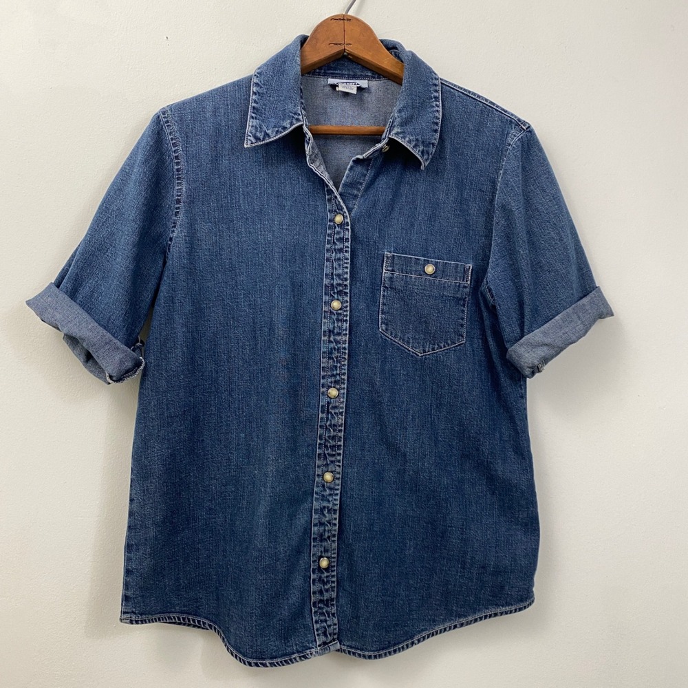 Vtg Old Navy Denim Shirt Womens M Blue Pearl Snap Short Sleeve Y2K 90s Western